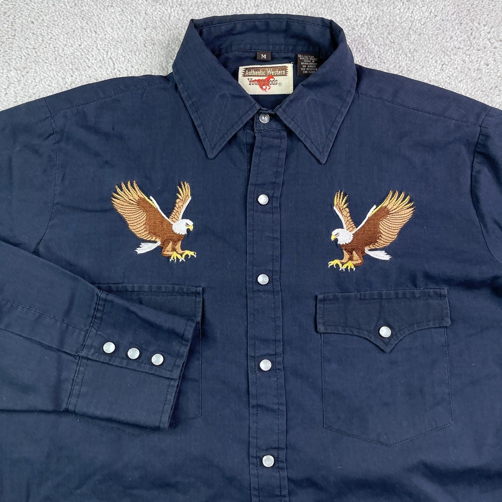 Vintage Youngbloods Shirt Mens Medium Black Eagle Embroidered Pearl Snap Western